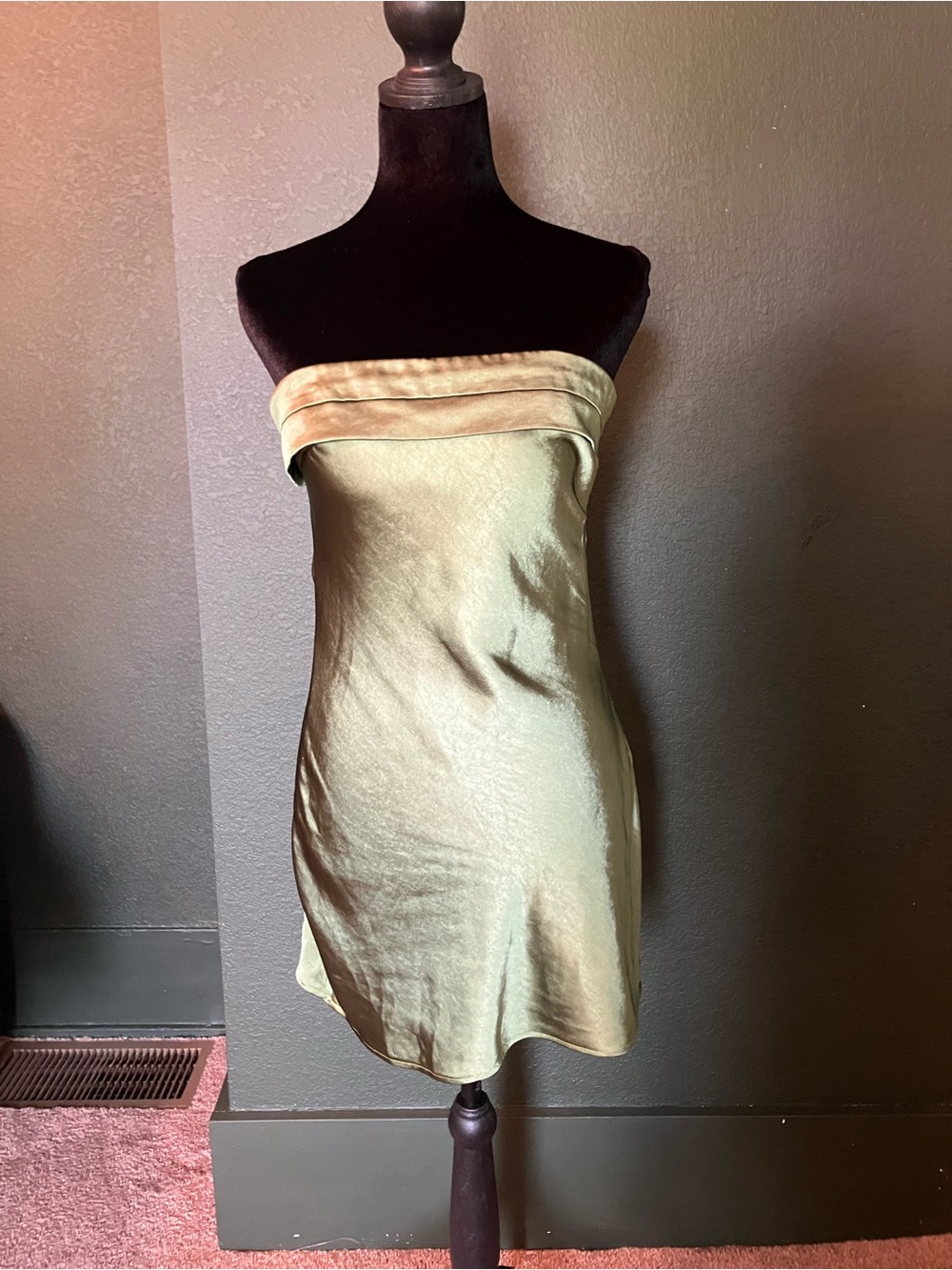 Alice Elle Strapless Olive Satin Mini Dress slip dress